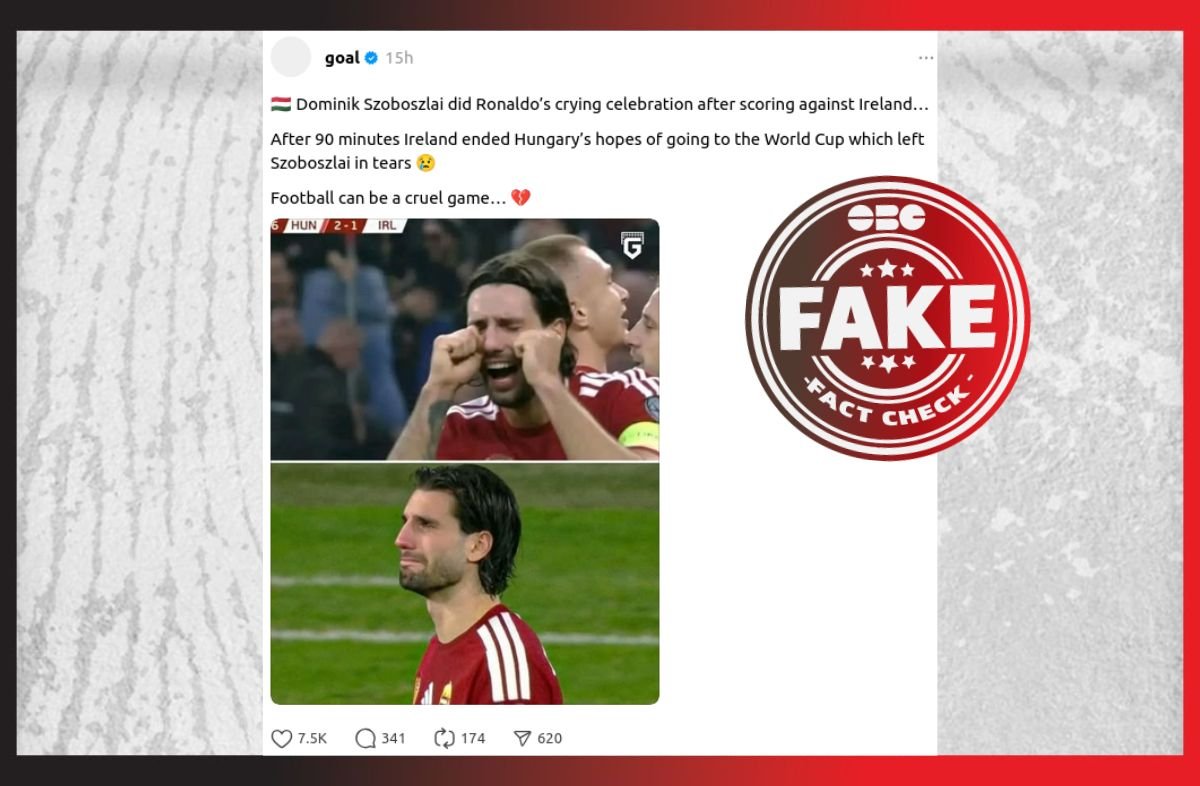 Hungary VS Ireland: Did Dominik Szoboszlai do Ronaldo’s Crying Celebration and mock him? No, Image is digitally altered.