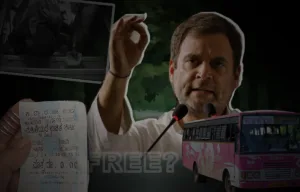 Gemini said A composite image featuring Rahul Gandhi speaking into microphones, set against a dark, layered background with the word "FREE?" in large, translucent grey text. On the left, a hand holds a printed KSRTC (Karnataka State Road Transport Corporation) bus ticket showing a fare of "0.00," dated June 11, 2023. Above the ticket is a smaller, faded black-and-white photo of an elderly person. On the right, a pink and white KSRTC "Pink Bus" is shown. The overall tone of the image suggests a political or social commentary on free public transport schemes.