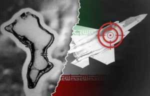 Composite illustration split diagonally: left side shows a magnified grayscale virus in halftone style, right side depicts a fighter jet over the Iranian flag with a red crosshair overlay, symbolizing conflict between biological and military themes.