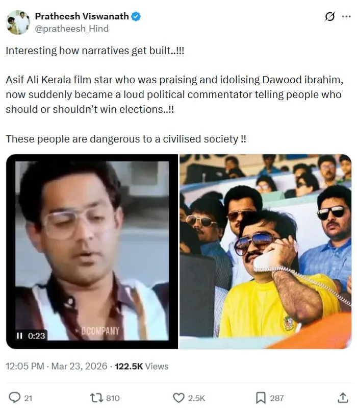 A screenshot of an X (Twitter) post by Pratheesh Viswanath (Founder of Hindu Seva Kendra) featuring a video clip of actor Asif Ali from an old interview. The post caption frames the actor's past comments about Dawood Ibrahim as evidence that he is "dangerous to a civilized society," linking it to current political narratives.