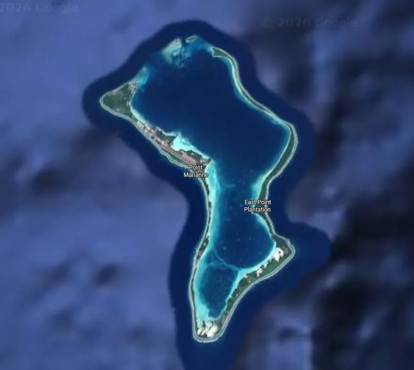 Satellite image of Diego Garcia showing its atoll shape and surrounding Indian Ocean waters.