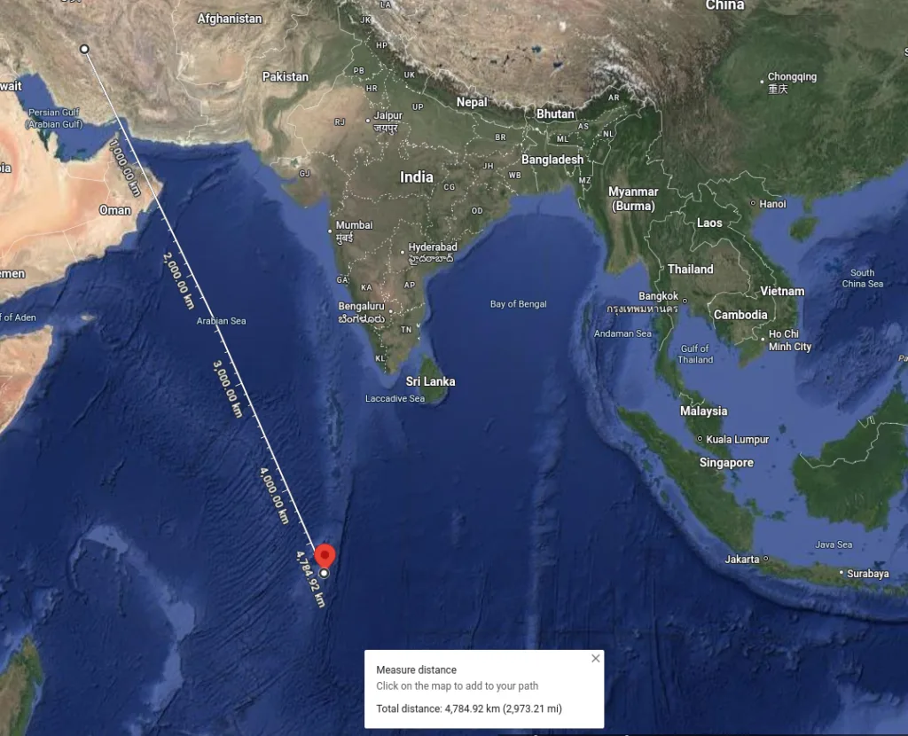 Image shows approximate aerial distance between Iran and Diego Gracia.