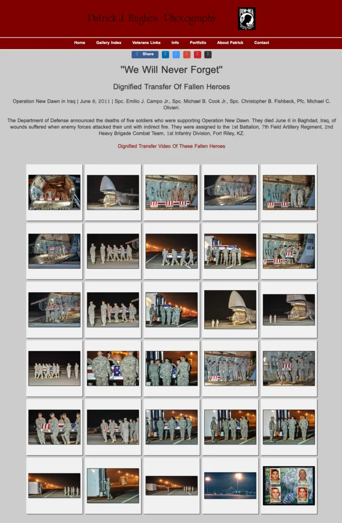 A webpage screenshot from a photography portfolio featuring a section dedicated to the "Dignified Transfer Of Fallen Heroes" from Operation New Dawn in Iraq, June 8, 2011. Below the text description, there is a grid of 20 thumbnail images showing military ceremonies, flag-draped coffins, and service members on an airfield at night.