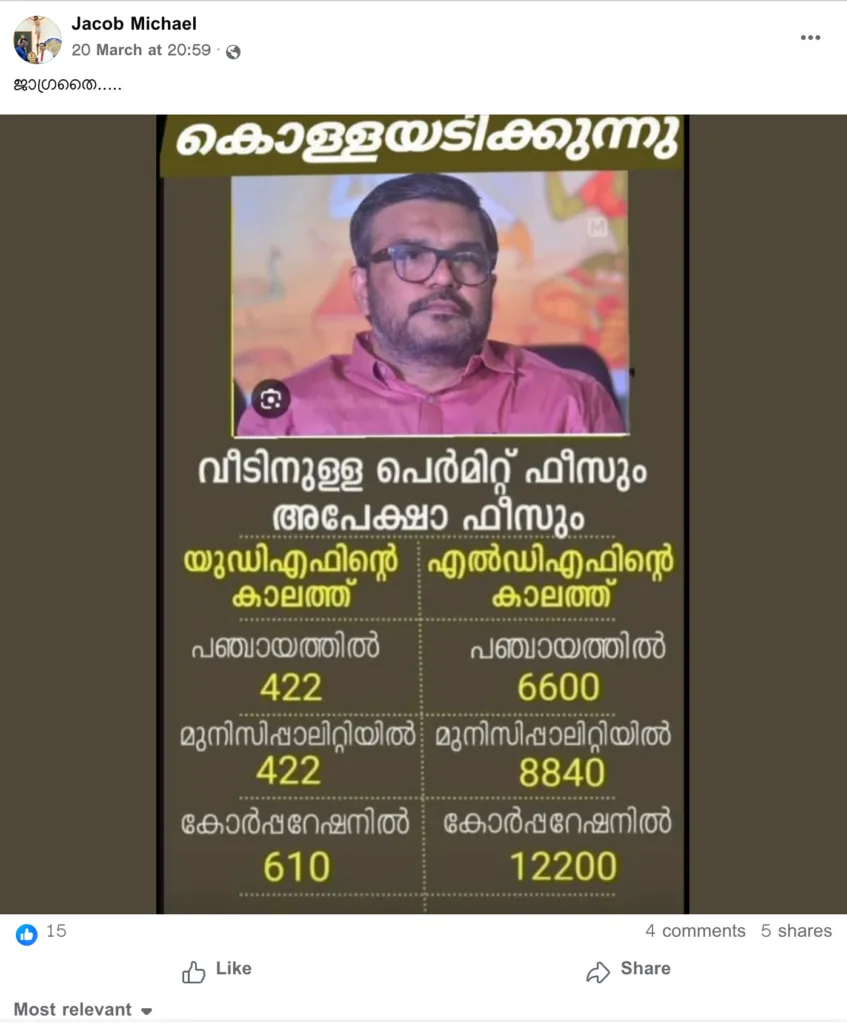 Political infographic in Malayalam featuring Minister MB Rajesh, comparing house permit and application fees under UDF vs LDF tenures. The text "ജനങ്ങളെ കൊള്ളയടിക്കുന്നു" (Looting the people) is at the top. The table shows fee increases in Panchayats (422 to 6600), Municipalities (422 to 8840), and Corporations (610 to 12200).