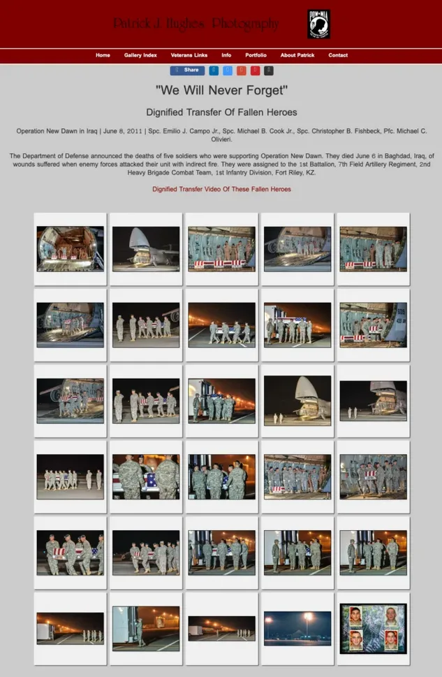 A webpage screenshot from a photography portfolio featuring a section dedicated to the "Dignified Transfer Of Fallen Heroes" from Operation New Dawn in Iraq, June 8, 2011. Below the text description, there is a grid of 20 thumbnail images showing military ceremonies, flag-draped coffins, and service members on an airfield at night.