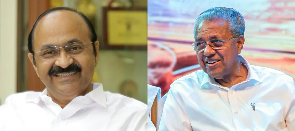 A side-by-side portrait of two prominent Kerala politicians, V.D. Satheesan and Pinarayi Vijayan, both wearing white shirts and smiling.