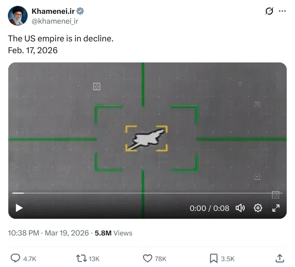 Screenshot of a post from Ali Khamenei’s official X account showing a targeting clip claimed to depict a strike on a U.S. aircraft.
