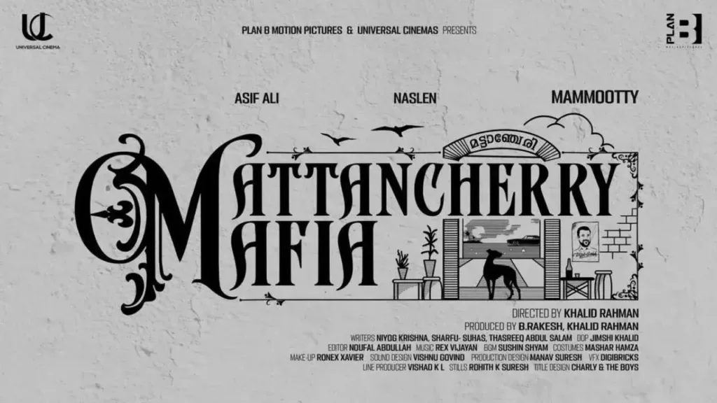 The official title poster for the Malayalam film "Mattancherry Mafia," featuring actors Asif Ali, Mammootty, and Naslen Gafoor. The graphic design uses a gritty, sketch-style font and includes the names of director Khalid Rahman and the production houses. In this article, the poster illustrates the film that shares its name with a derogatory social media label used to target certain filmmakers and actors