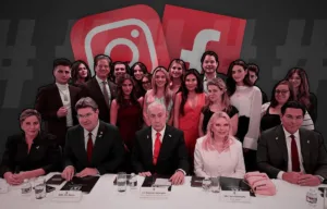 Israeli Prime Minister Benjamin Netanyahu sits at the center of a conference table alongside officials, including Sara Netanyahu, with nameplates, documents, and water bottles placed in front of them. Behind them stands a group of mostly young influencers posing for a group photo. The background features large, stylized logos of Instagram and Facebook, symbolizing the role of social media in the meeting.