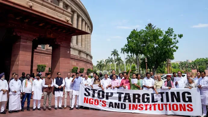 Opposition leaders protest in front of Parliament against FCRA Bill 2026 and targeting of minority institutions