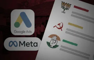 A collage illustrating the intersection of digital advertising and political campaigning. On the left, the logos of Google Ads (multicolored triangle) and Meta (blue infinity symbol) are prominently displayed against a red-tinted background of people near a tiled-roof building. On the right, three political party symbols appear: the lotus flower for BJP, the hand for INC, and the hammer and sickle for LDF. Each symbol is accompanied by colored bars and text-like lines, resembling data reports, highlighting how online platforms are used to promote political parties.