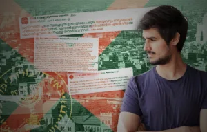 Alt text: A stylized graphic shows a young man standing on the right with arms crossed, looking to the side, set against a background blending the Indian flag colors and a faint cityscape. Overlaid are social media posts and text snippets in Malayalam and English, suggesting online political discussions or controversy. The overall design conveys themes of social media influence, political messaging, and public discourse.
