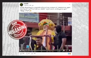 A fact-check collage showing a viral video of a Narendra Modi lookalike, Sadananda Nayak, during a roadshow in Rourkela, with a "Misleading" watermark overlay.