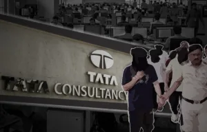 Collage image showing the Tata Consultancy Services (TCS) logo, an office workspace, and an illustrative graphic of individuals in police custody regarding the Nashik TCS case investigation.