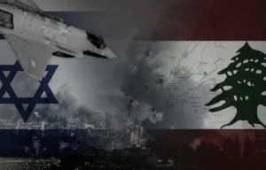 Composite image showing an Israeli fighter jet overlaid with the Israeli flag on the left, a map of southern Lebanon with marked strike locations in the centre, and the Lebanese flag on the right, with smoke rising over an urban area in the background.
