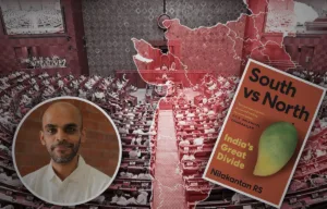 A red-toned graphic showing a map of India overlaid on a parliamentary setting, symbolising political divisions. On the right is the book cover South vs North: India’s Great Divide by Nilakantan RS, and on the left is a circular portrait of the author.