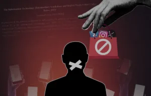 Illustration depicting digital censorship: a silhouetted figure with a taped mouth stands in front of smartphones, while a large hand removes social media icons into a blocked bag, symbolizing restrictions under IT Rules amendments.