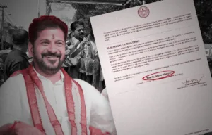 Telangana Chief Minister A. Revanth Reddy smiling at a public event, alongside an image of an official letter on his letterhead containing controversial remarks about Kerala’s Chief Minister Pinarayi Vijayan