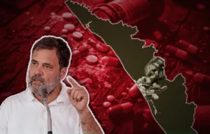 Graphic showing Rahul Gandhi speaking at a microphone, alongside a map of Kerala overlaid with scattered pills and a tipped medicine bottle, symbolising concerns about drug use in the state.