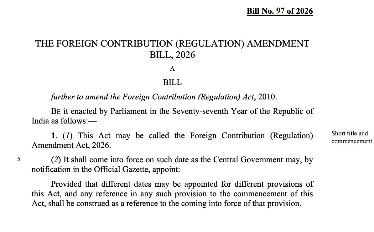 Official document of The Foreign Contribution (Regulation) Amendment Bill, 2026, also known as Bill No. 97 of 2026, aimed at amending the FCRA Act, 2010