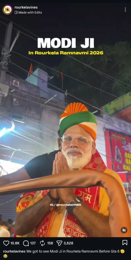 A screenshot of an Instagram post by 'rourkelavines' showing PM Modi’s lookalike, Sadananda Nayak, during a Ram Navami celebration in Rourkela, Odisha, with a caption mentioning seeing "Modi Ji" before the release of GTA 6.