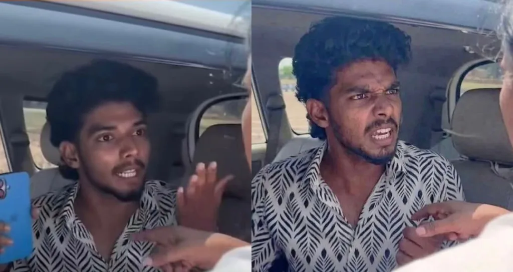 A split image showing a young man sitting inside a car during a heated exchange. In the left frame, he gestures with his hand while speaking; in the right frame, he appears angry as another person points a finger toward him. The scene suggests an argument or confrontation inside the vehicle.