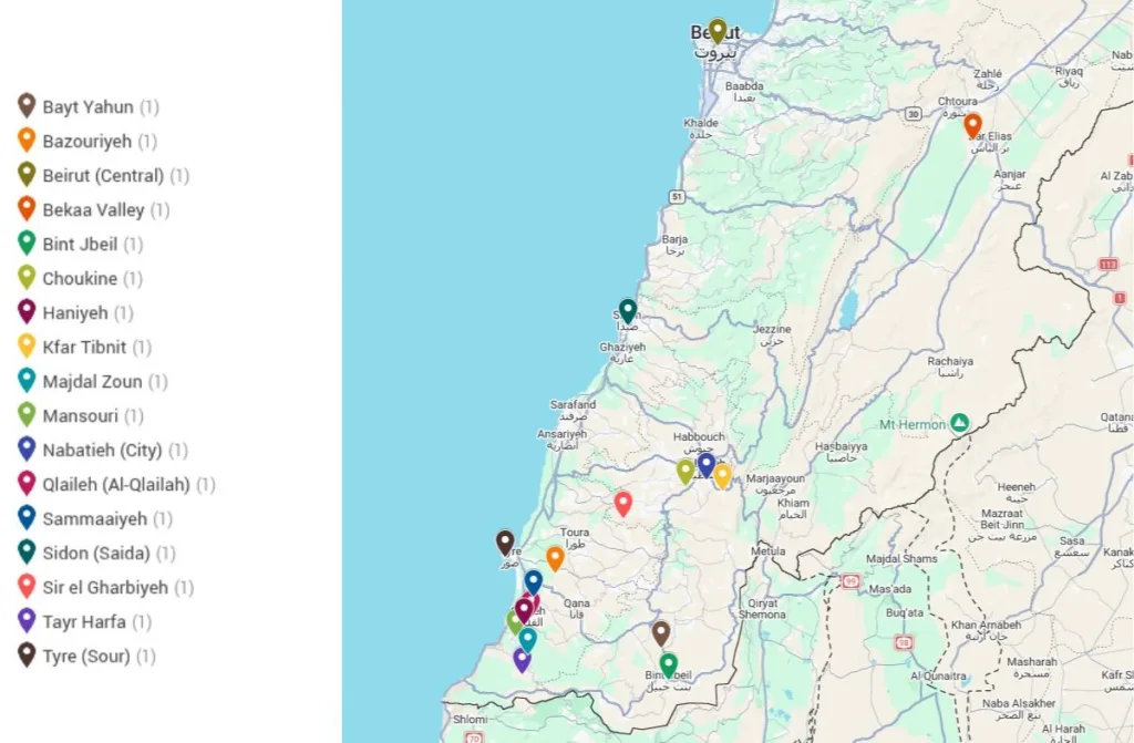 Map showing locations of reported Israeli airstrikes across southern Lebanon, Beirut, and the Bekaa Valley, with marked points indicating areas such as Tyre, Nabatieh, Sidon, and border villages.