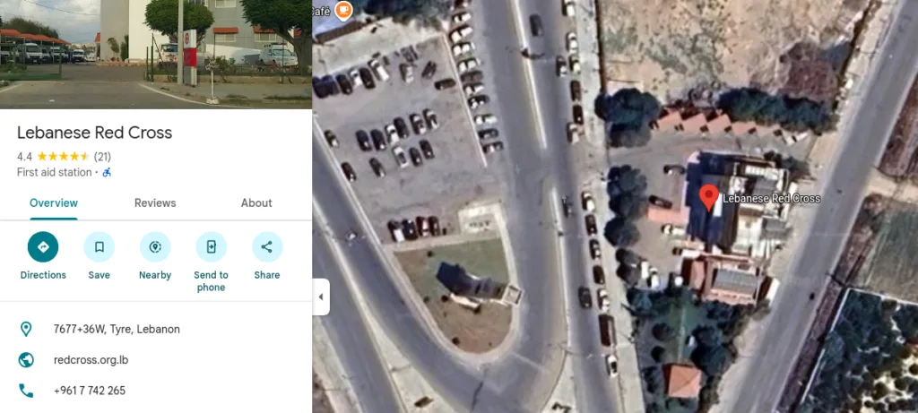 Satellite view and location reference of the Lebanese Red Cross facility in Tyre, showing the building layout and surrounding roads near the reported strike site.