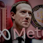 A stylised collage featuring Meta CEO Mark Zuckerberg at the centre, flanked by the European Commission headquarters on the left and the seal of the United States Federal Trade Commission on the right. The Meta logo appears prominently in the foreground against a dark red-toned background, visually representing the growing legal and regulatory scrutiny facing Meta across the United States and Europe.