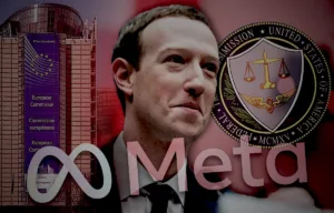 A stylised collage featuring Meta CEO Mark Zuckerberg at the centre, flanked by the European Commission headquarters on the left and the seal of the United States Federal Trade Commission on the right. The Meta logo appears prominently in the foreground against a dark red-toned background, visually representing the growing legal and regulatory scrutiny facing Meta across the United States and Europe.