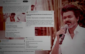 Alt text: Red-tinted image of Vijay speaking at a rally, positioned on the right side of the frame, with overlaid social media-style text snippets representing claims and posts from right-wing accounts circulating online.