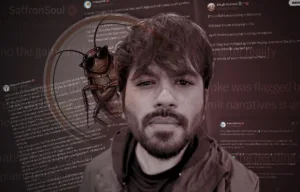 Stylized collage featuring a young man at the center with a cartoon cockroach illustration behind him, overlaid with screenshots of social media posts and online comments. The image represents the online controversy around the “Cockroach Janata Party,” highlighting political backlash, coordinated trolling, and competing narratives surrounding the viral movement.
