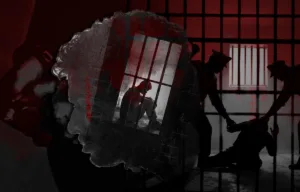 Graphic illustration depicting police brutality and custodial deaths in India, showing silhouettes of police officers assaulting a detainee behind prison bars next to a person sitting alone in a jail cell.