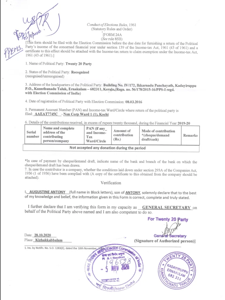 Official Election Commission of India registration document for the Twenty20 Party, dated March 8, 2016, establishing it as a political entity in Kerala.