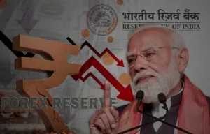 "Graphic showing PM Narendra Modi with a falling red arrow graph, a cracked Indian Rupee symbol, and the Reserve Bank of India (RBI) logo, representing the decline in India's Forex reserves and the economic impact of the Middle East crisis."