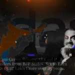 A graphic illustration showing a coal-fired thermal power plant with smoking chimneys on one side and a portrait of industrialist Gautam Adani on the other, representing the Adani Group's power sector contracts