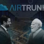 Composite image showing Robin Khuda and Narendra Modi facing each other, set against AirTrunk branding, a data centre interior, and a construction site.