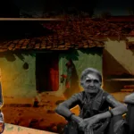 Collage representing female landlessness and gender gap in property ownership in India, showing three rural Indian women in sarees sitting in front of a traditional mud house with a tiled roof.