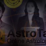 A promotional banner for the "Astrotalk Online Astrology" platform. The image features a dark, composite overlay of three individuals: Bollywood actor Ranbir Kapoor on the left, an unidentified woman in a black blazer in the center, and another woman on the right. The prominent text reads "AstroTalk" with the tagline "Online Astrology" underneath. The background includes faint astrological symbols, circular planetary graphics, and a subtle red tint on the outer edges.