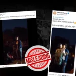 Composite graphic showing Facebook and X posts falsely claiming that a video of a couple kissing was filmed at the Cockroach Janta Party (CJP) protest at Jantar Mantar. A large red "MISLEADING" stamp is overlaid on the viral posts, with CJP protest visuals in the background.