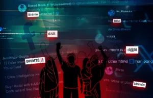 A graphic illustrating caste discrimination on social media, featuring a dark background with social media icons like X and Meta, alongside derogatory terms and hashtags.