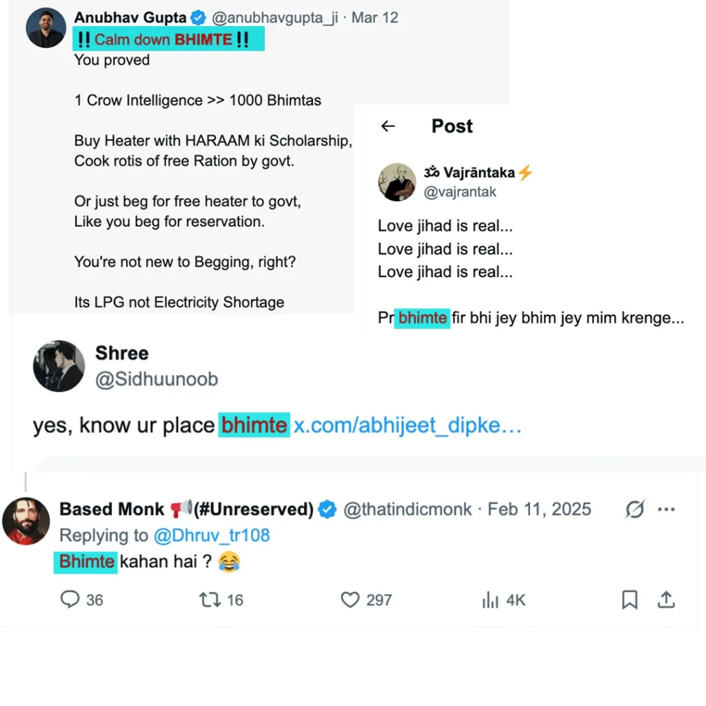 Compilation of screenshots from X showing targeted casteist slurs and hate speech using terms like Bhimte and Bhimtas against the Dalit community, mocking reservations and scholarships