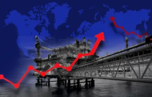 Illustrative graphic showing an offshore oil and gas platform in the foreground with a world map in the background. A red upward-trending line graph with arrows stretches across the image, symbolising the growing strategic importance of offshore energy and its influence on global markets and geopolitics.