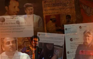 A collage highlighting controversial social media posts attributed to members of the BJP's new digital team, including Arun Yadav, Priti Gandhi and Alok Bhatt, overlaid on portraits and political imagery.