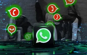 Illustration showing the WhatsApp logo in the foreground with several anonymous figures in the background whose faces are replaced by WhatsApp icons, symbolising the hijacking of WhatsApp groups by cybercriminals.