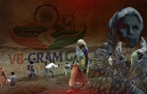 VB-G RAM G replacing MGNREGA logo graphic with rural Indian workers in the background