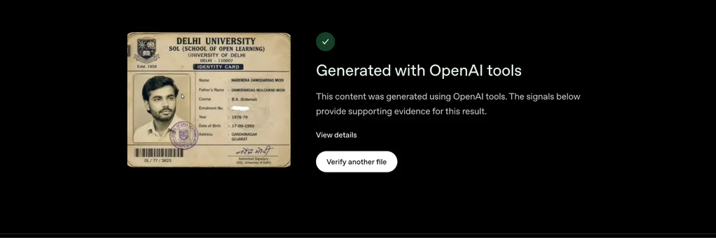Screenshot showing OpenAI verification interface labeling the viral Narendra Modi Delhi University identity card as AI-generated media.