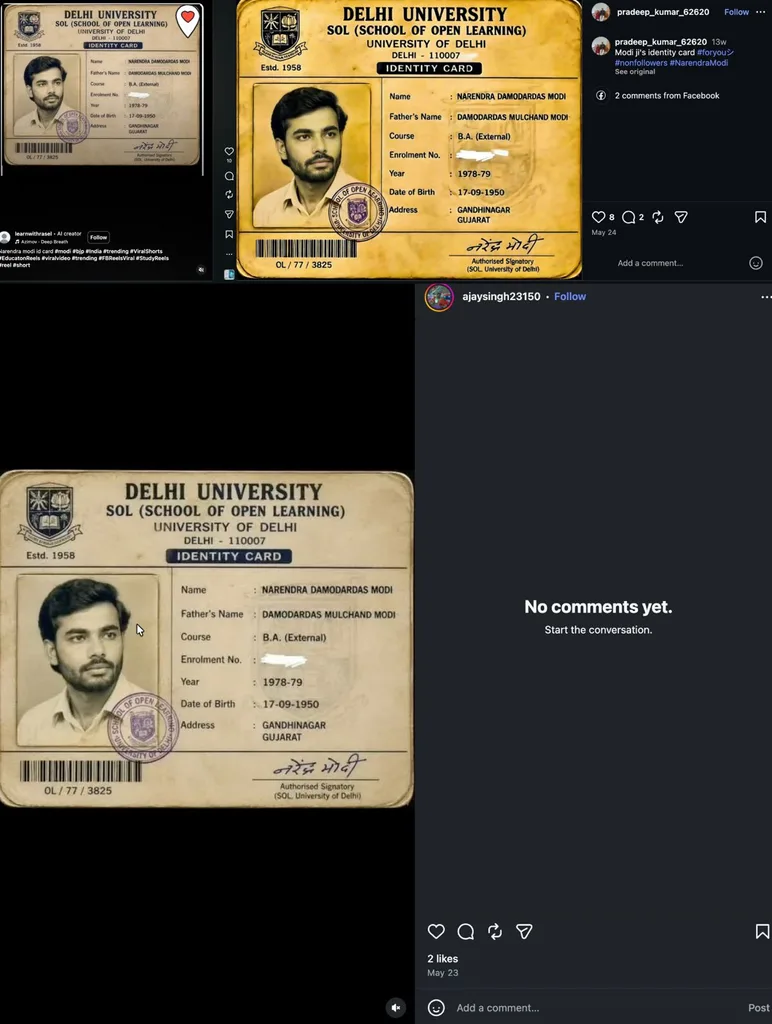 Social media post showing a fake Hans Raj College ID card of young Narendra Modi circulating on Instagram.