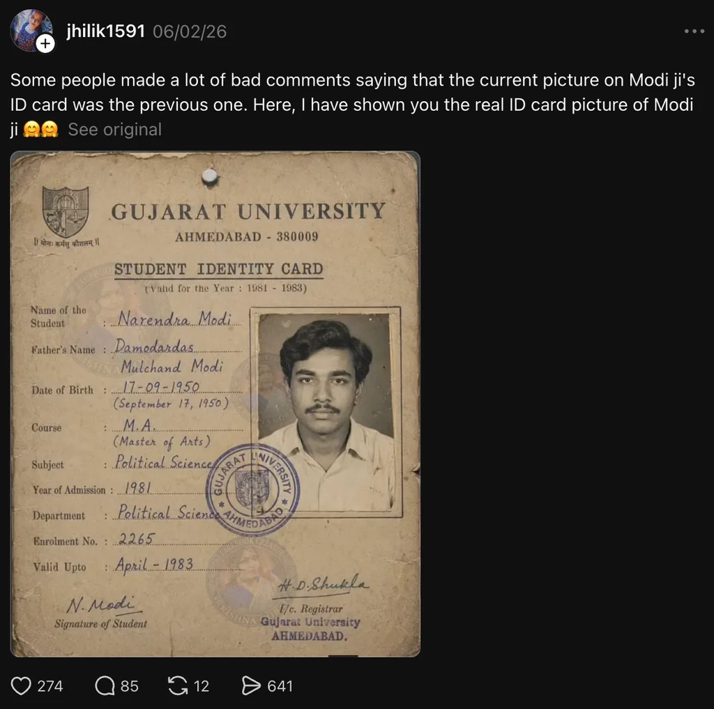 Social media post on Threads featuring a fake AI-generated Gujarat University ID card of Narendra Modi.