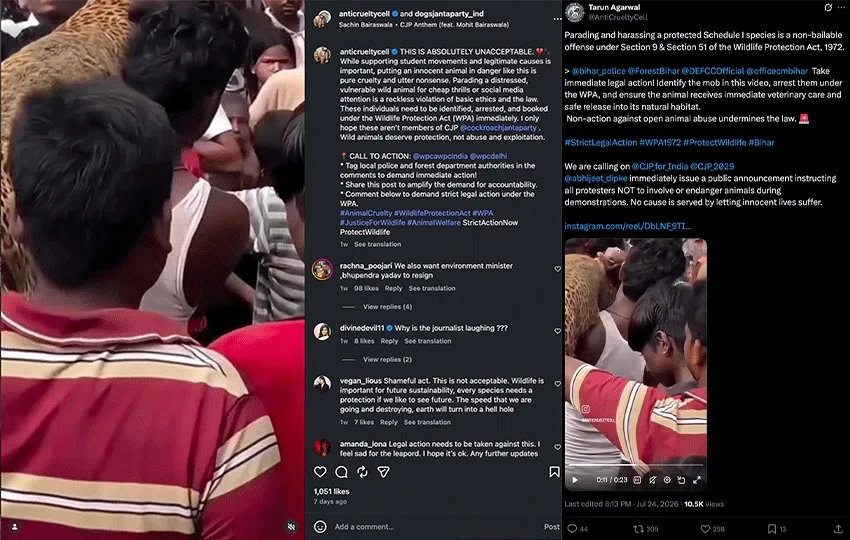 Screenshots of Instagram and YouTube posts falsely linking the leopard video to Patna Bihar protest